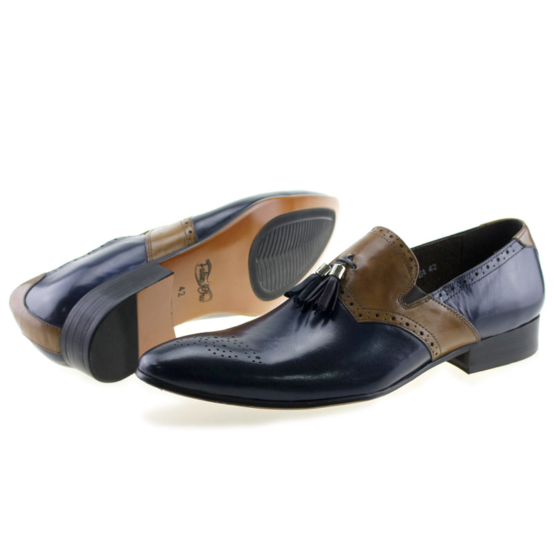 Dual Tone Patchwork Brogue Loafers Shoes With Tassels - FanFreakz