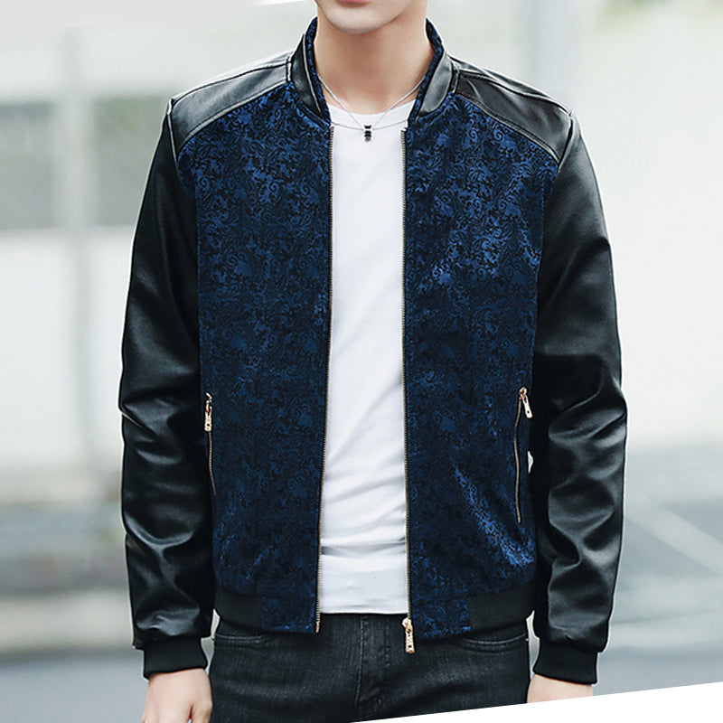 Contrast Paisley Pattern Combination Style PU Leather Sleeves Men Slim Fit Jacket - FanFreakz