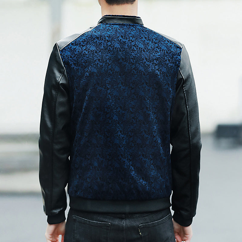 Contrast Paisley Pattern Combination Style PU Leather Sleeves Men Slim Fit Jacket - FanFreakz