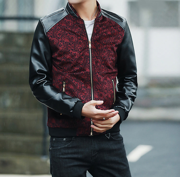Contrast Paisley Pattern Combination Style PU Leather Sleeves Men Slim Fit Jacket - FanFreakz
