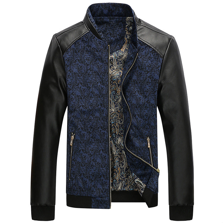Contrast Paisley Pattern Combination Style PU Leather Sleeves Men Slim Fit Jacket - FanFreakz