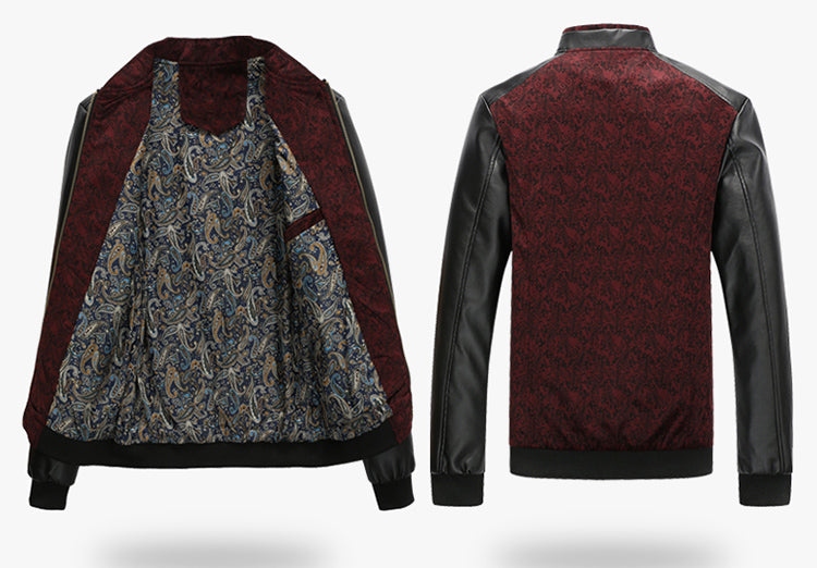Contrast Paisley Pattern Combination Style PU Leather Sleeves Men Slim Fit Jacket - FanFreakz