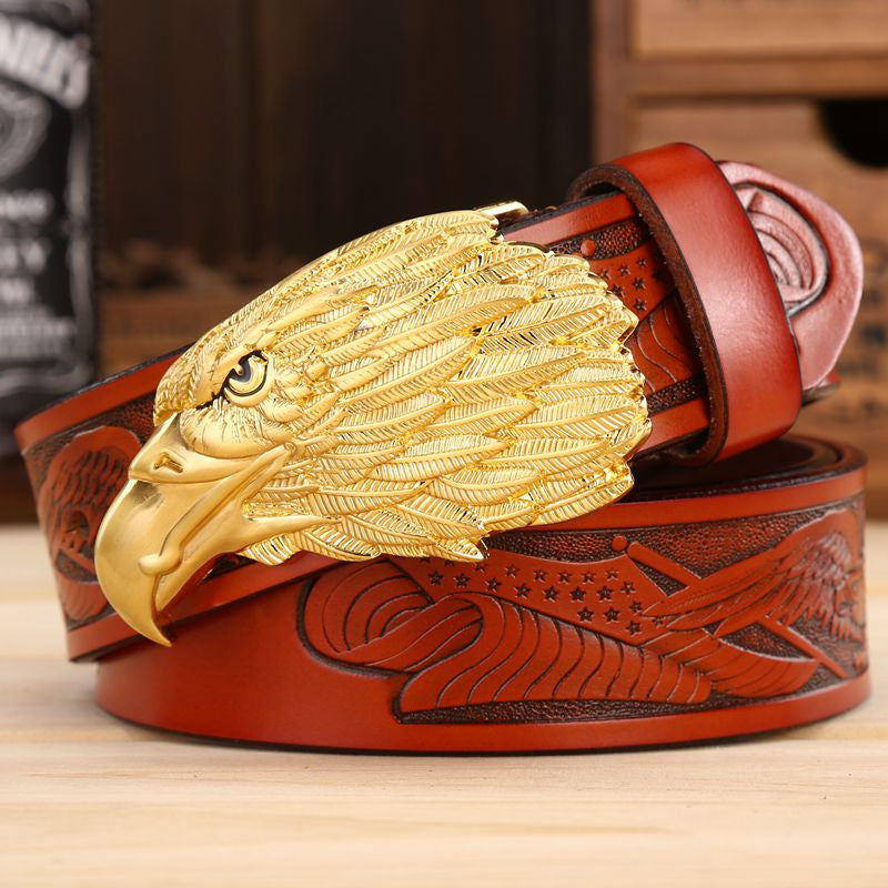 Men Leather Belt With Head of Eagle Buckle - FanFreakz