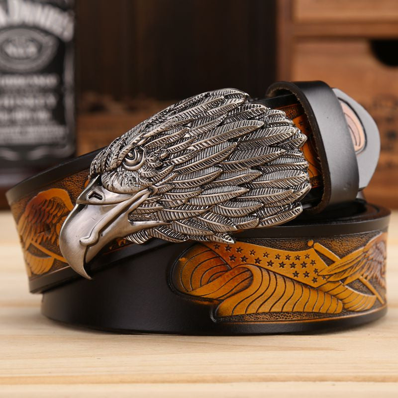 Men Leather Belt With Head of Eagle Buckle - FanFreakz