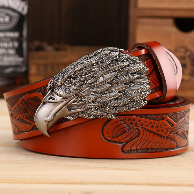 Men Leather Belt With Head of Eagle Buckle - FanFreakz