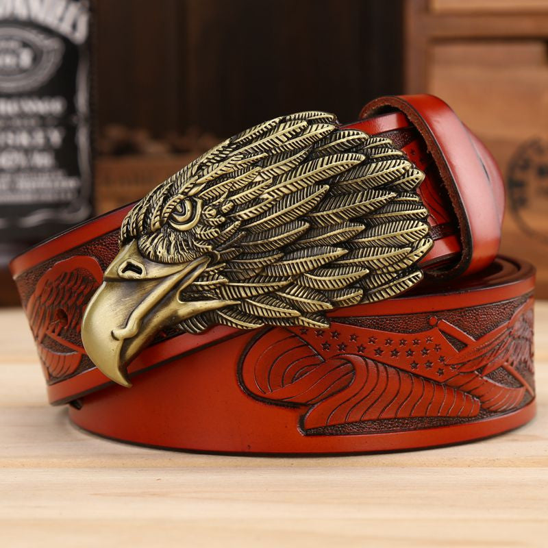 Men Leather Belt With Head of Eagle Buckle - FanFreakz