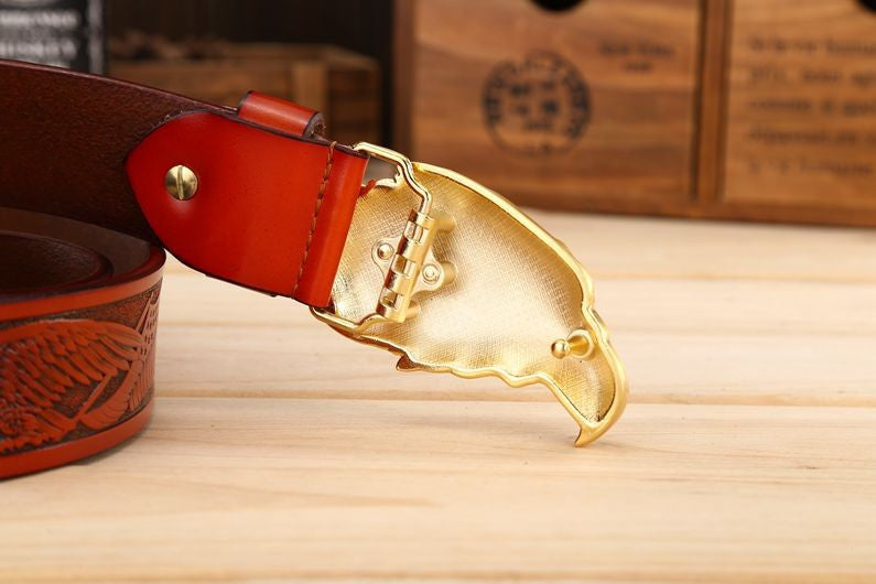 Men Leather Belt With Head of Eagle Buckle - FanFreakz