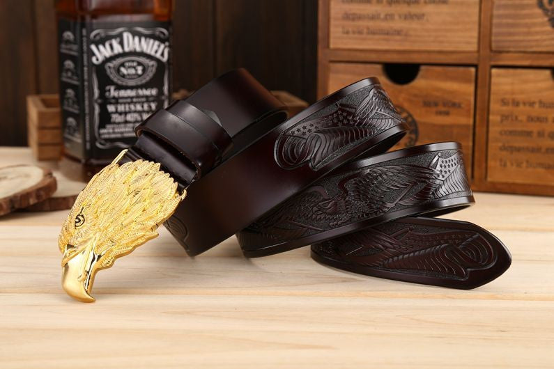 Men Leather Belt With Head of Eagle Buckle - FanFreakz
