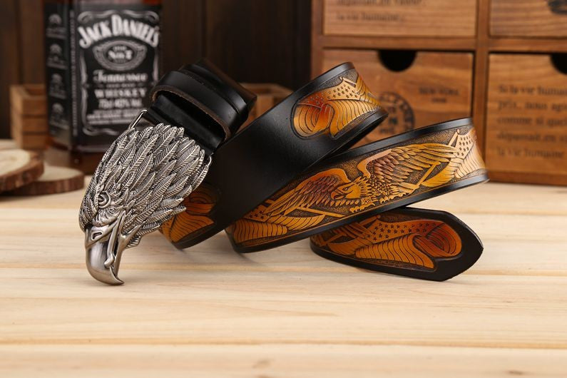 Men Leather Belt With Head of Eagle Buckle - FanFreakz