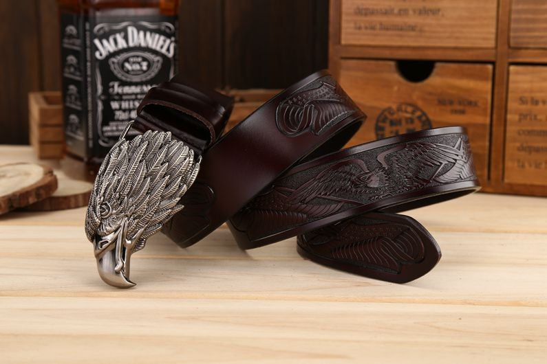 Men Leather Belt With Head of Eagle Buckle - FanFreakz