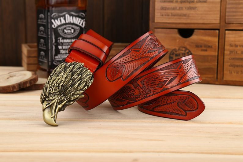 Men Leather Belt With Head of Eagle Buckle - FanFreakz