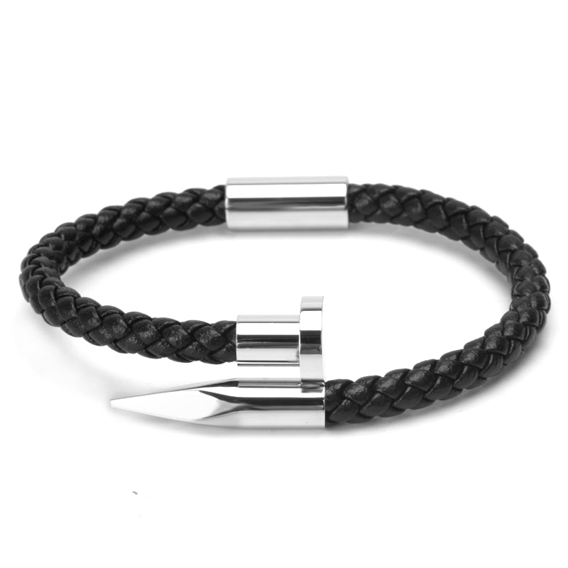 Titanium Nail Braided Leather Men Bangle Bracelets - FanFreakz