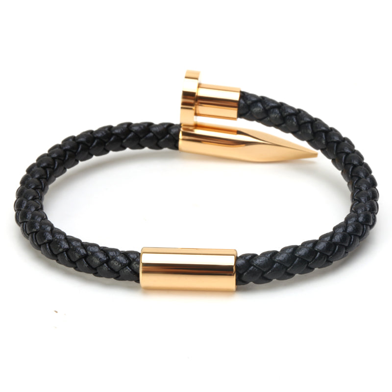 Titanium Nail Braided Leather Men Bangle Bracelets - FanFreakz
