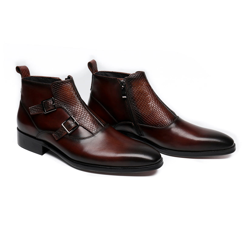 Double Monk Strap Men High Top Boots with Lizard Pattern Closure - FanFreakz