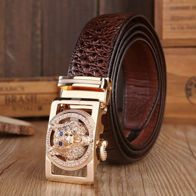 Gold color Wolf Head Buckle Croco Men Belt - FanFreakz