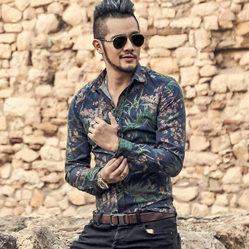 Bold Color with Floral Pattern Detail Men Long Sleeves Slim Fit Shirt - FanFreakz