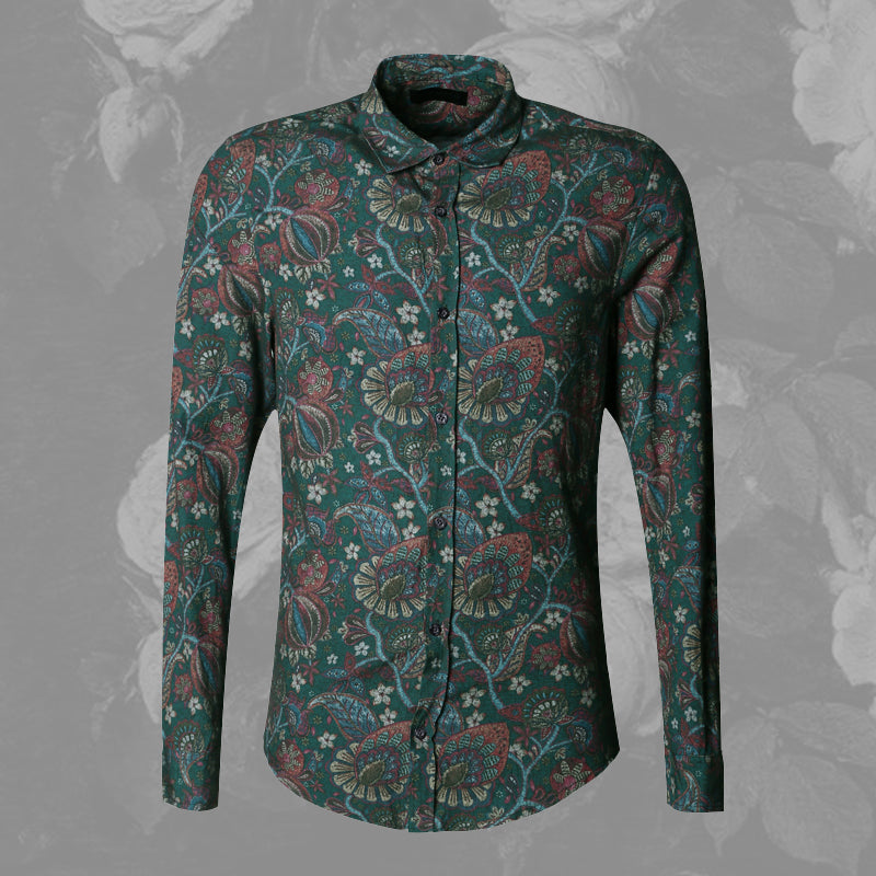 Bold Color with Floral Pattern Detail Men Long Sleeves Slim Fit Shirt - FanFreakz