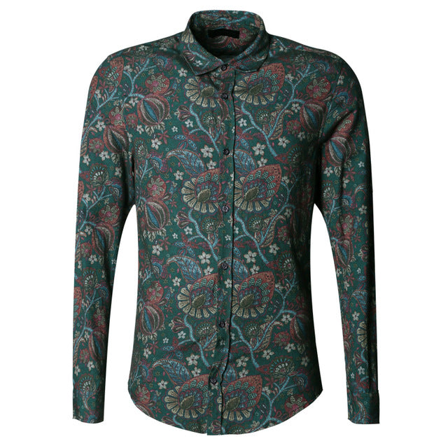 Bold Color with Floral Pattern Detail Men Long Sleeves Slim Fit Shirt - FanFreakz