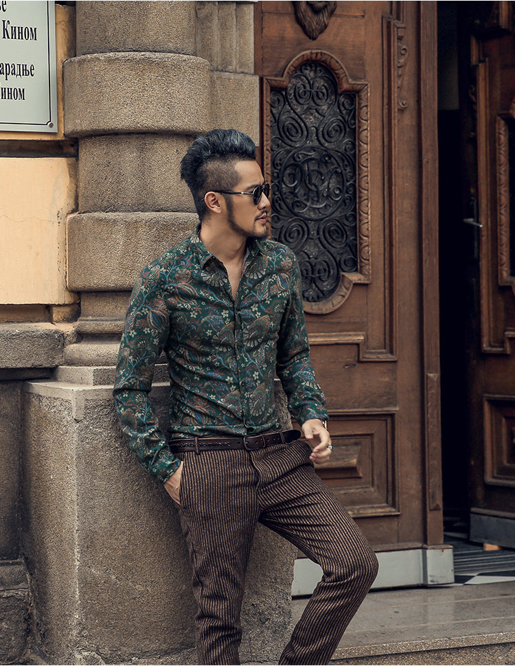 Bold Color with Floral Pattern Detail Men Long Sleeves Slim Fit Shirt - FanFreakz