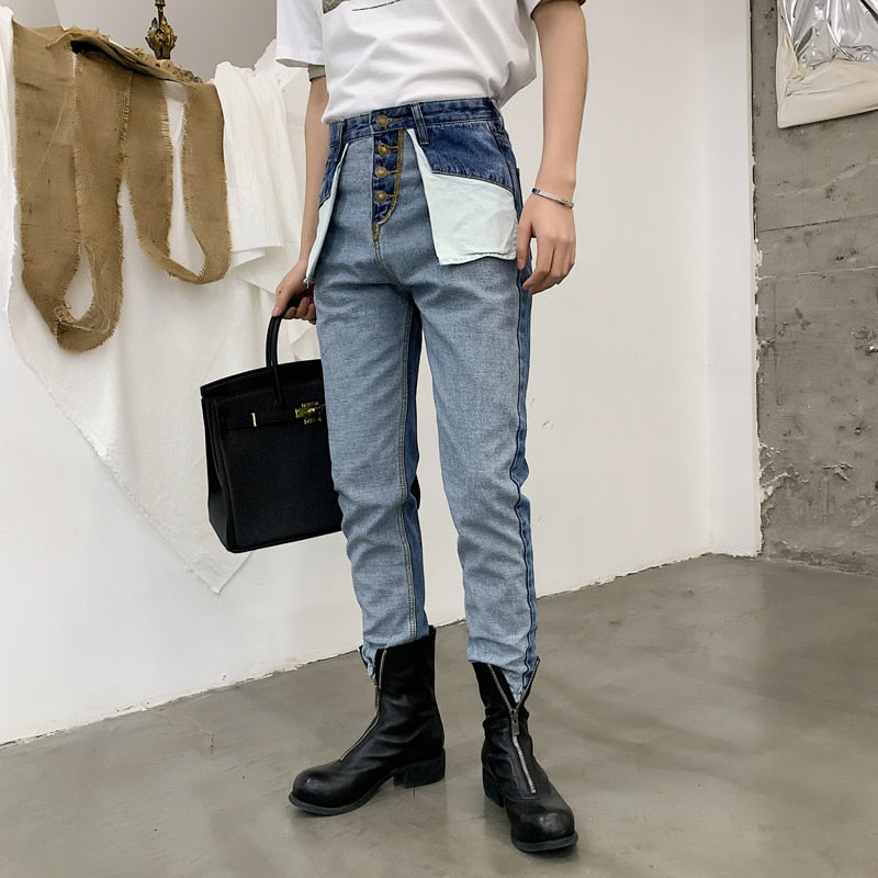 Reverse Style Retro High Waist Casual Men Jeans