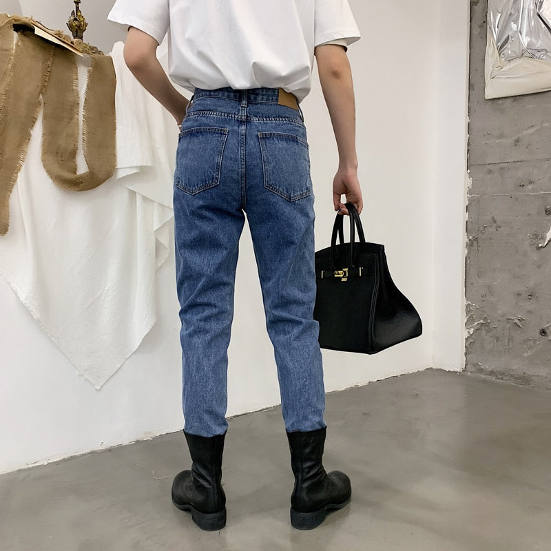 Reverse Style Retro High Waist Casual Men Jeans