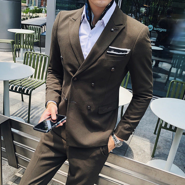 Luxury Italian Style Men Double Breasted Slim Fit Suit Set