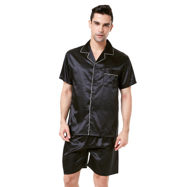 Solid Color Fit Men Satin Silk Pajama Sets Short Sleeves Shirt and Pants