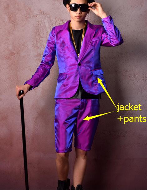 Shiny Bright Purple Men Slim Fit Suit Set Jacket with Short Pant - FanFreakz