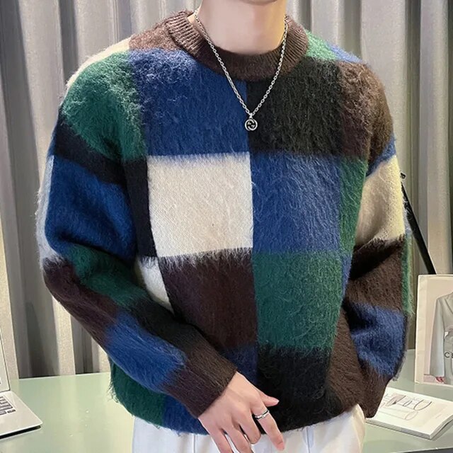 Plaid Contrasting Color Stitching Knitted Sweater