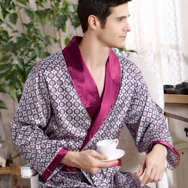 Mix Print Bathrobe Kimono Style Men Pajama