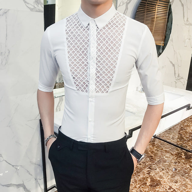 Chest Lace Details Men Slim Fit Short Sleeves Shirts - FanFreakz