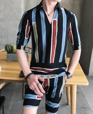Colorful Stripe Men Shirts And Short Pants Set - FanFreakz