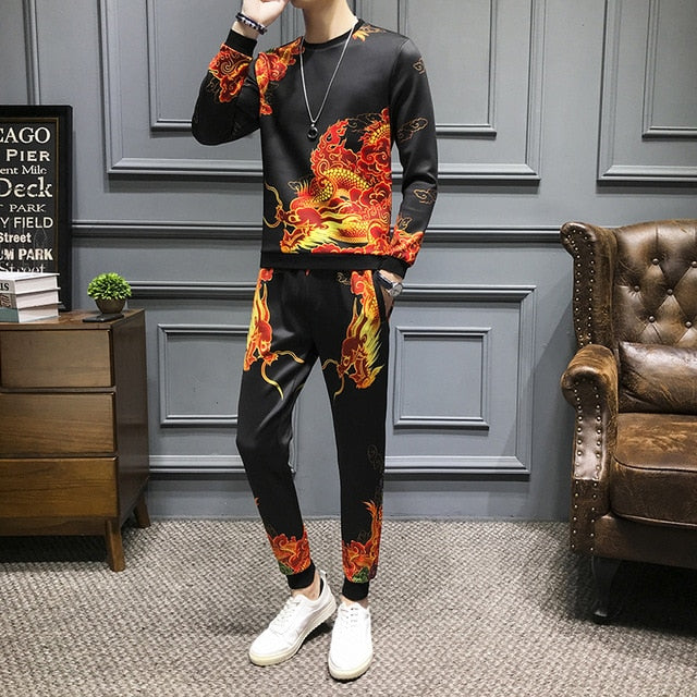 Fire Dragon Print Casual Men Sweatshirts and Pants