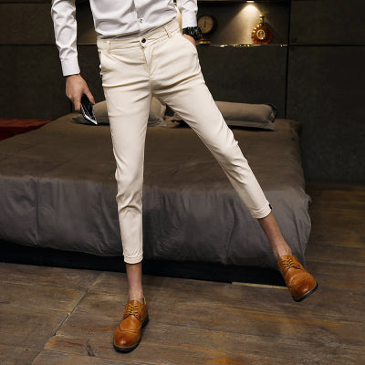 Solid Color Business Style Men Skinny Slim Fit Calf Trouser