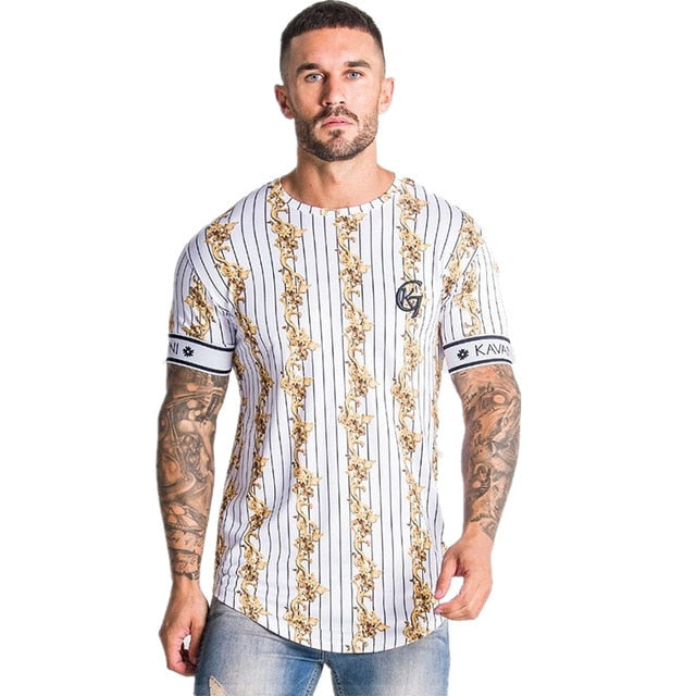 Stripes and Classic Gold Printed Stretch Men T-shirt