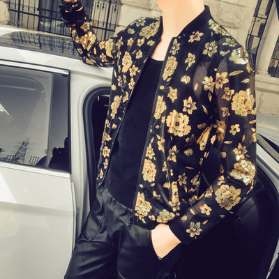 Floral Print Semi Transparent Men Thin Slim Fit Bomber Jacket - FanFreakz
