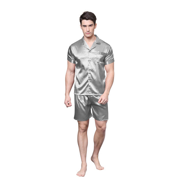 Solid Color Fit Men Satin Silk Pajama Sets Short Sleeves Shirt and Pants