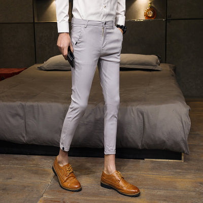 Solid Color Business Style Men Skinny Slim Fit Calf Trouser