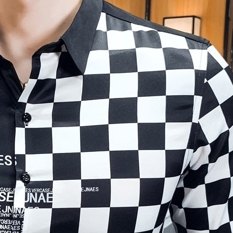 Camisas casuales de manga larga con estampado pop en blanco y negro para hombres