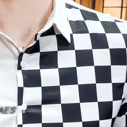 Camisas casuales de manga larga con estampado pop en blanco y negro para hombres