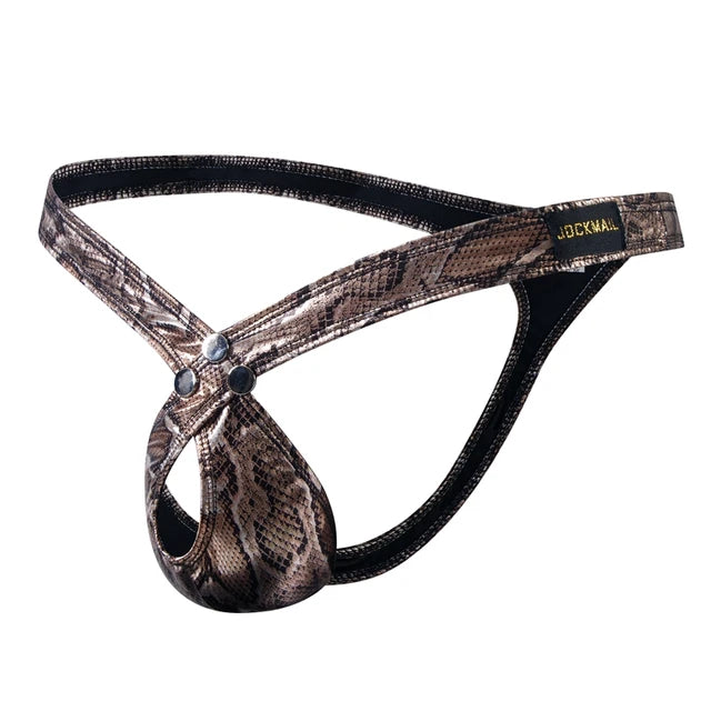 Snake-print Hollow PU Leather G-String