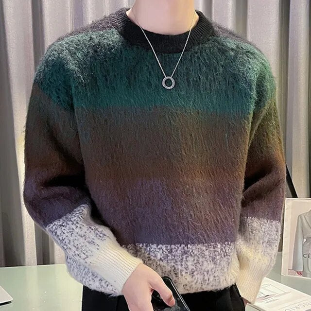 Plaid Contrasting Color Stitching Knitted Sweater