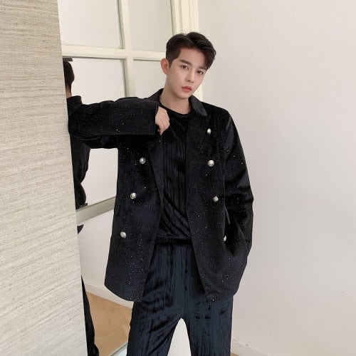 Shimmer Velvet Buttons Men Double Breasted Blazer