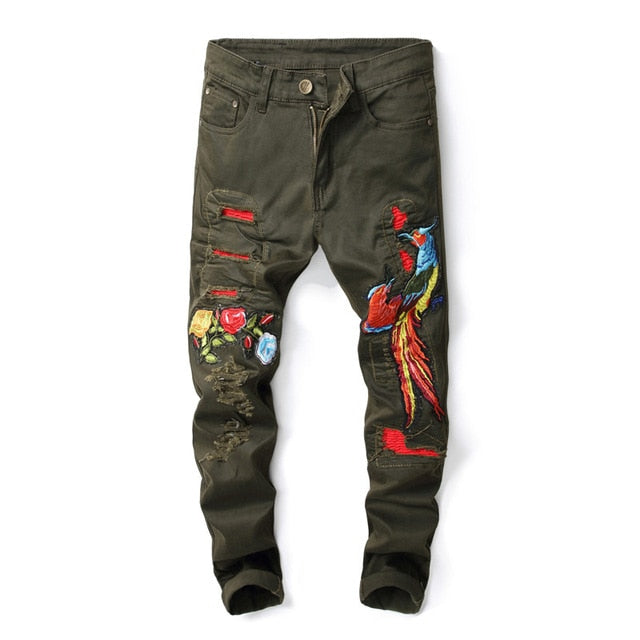 Vert avec trou de broderie de fleurs animales déchiré style décontracté hommes jeans