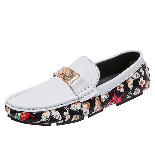 Butterfly Prints Men Leather Metal Buckled Loafers