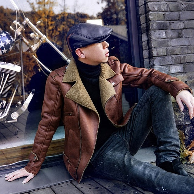 Vintage Biker Style polaire/fausse fourrure revers hommes veste en simili cuir