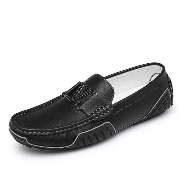 Solid V Letter Appliques Leather Loafers