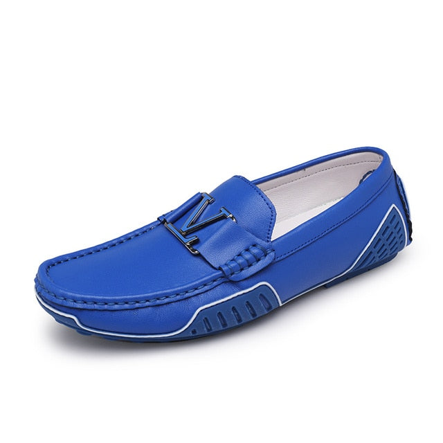Solid V Letter Appliques Leather Loafers