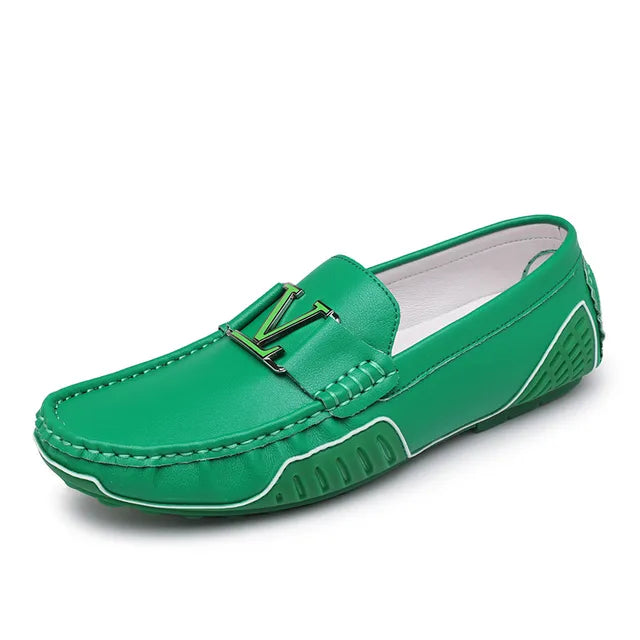 Solid V Letter Appliques Leather Loafers
