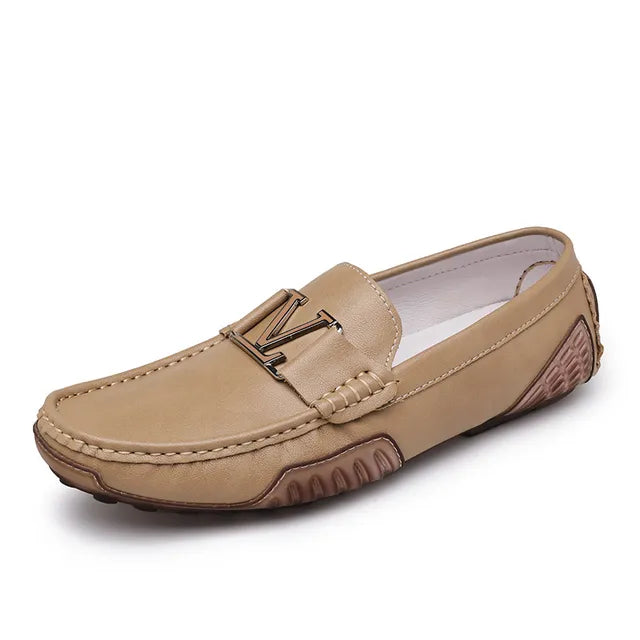 Solid V Letter Appliques Leather Loafers